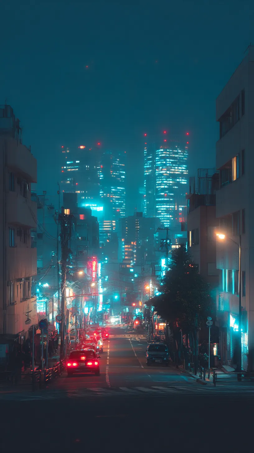 夜街の灯りエモいレトロ壁紙｜濃い夜の青を背景に、高層ビルの灯りと街並みのネオンが輝く。湿った空気が光を滲ませ、都会の孤独と温もりを同時に映すエモいレトロ壁紙。