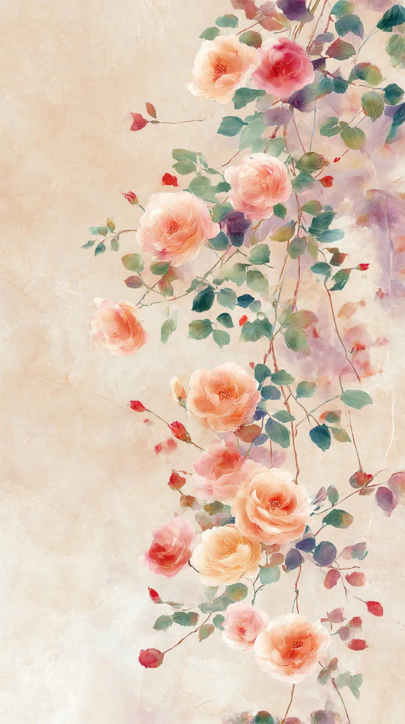 淡色の薔薇咲く花柄レトロ壁紙｜柔らかな桃色の薔薇が連なり、葉の緑と繊細な筆致が調和する構図。淡い背景に浮かぶ花々が古風な優美さを際立たせる花柄レトロ壁紙。