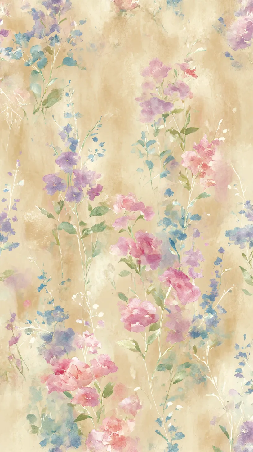 水彩の庭模様花柄レトロ壁紙｜水彩のにじみを思わせる紫や青の花々が舞う。淡いベージュの背景と溶け合い、爽やかな軽やかさを漂わせる花柄レトロ壁紙。