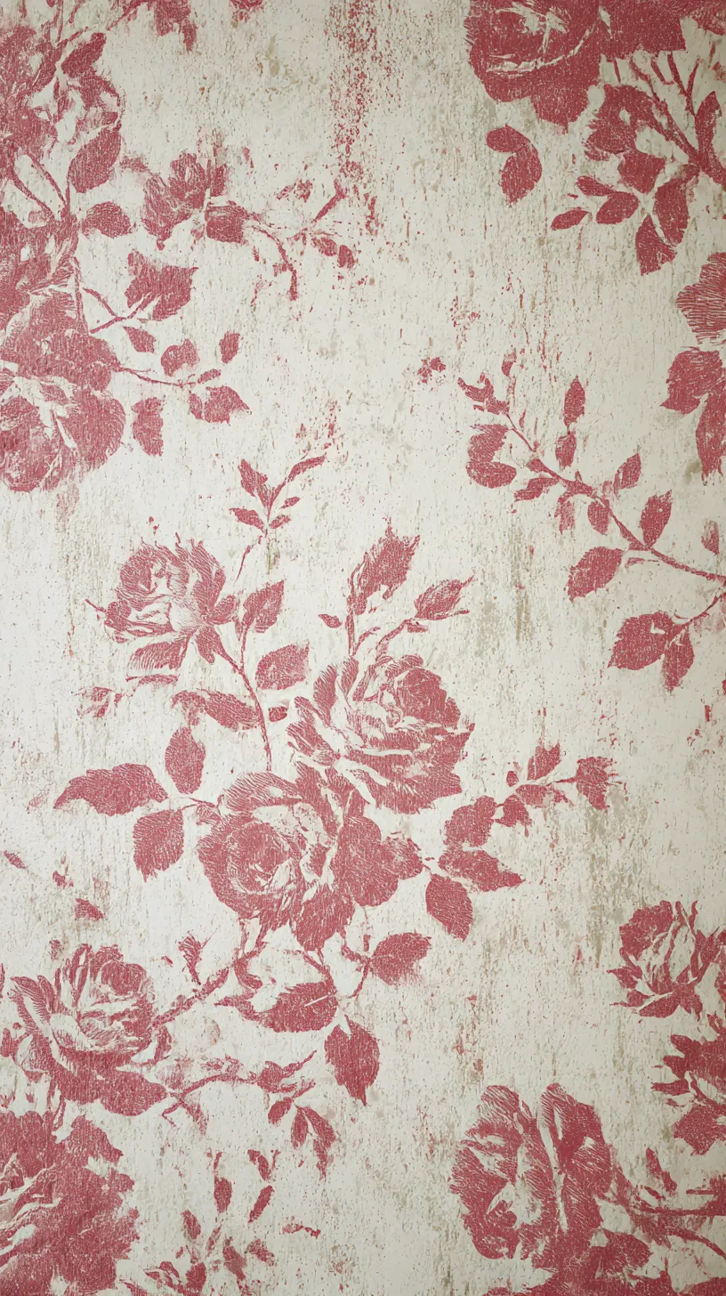 赤版画の薔薇花柄レトロ壁紙｜赤の版画調で描かれた薔薇模様が、紙のざらつきと共鳴する。擦れた質感が長い時を刻んだ趣を感じさせる花柄レトロ壁紙。