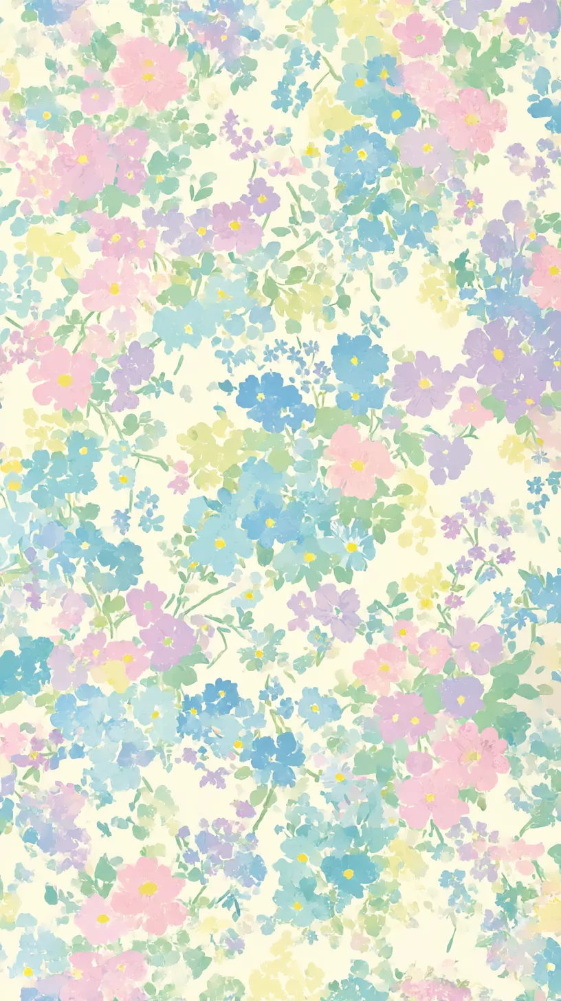 パステル咲く花柄レトロ壁紙｜ピンクやブルーの花がパステルのように広がり、淡い黄色地に映える。鮮やかさと柔らかさが共存する夢想的な花柄レトロ壁紙。
