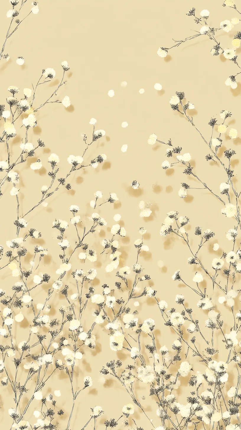 かわいいシンプル壁紙 花影の余韻｜ベージュの背景に小花が舞い、繊細な線画と淡い彩色が調和する。かわいいシンプル壁紙として、落ち着いた優しさを描き出す。
