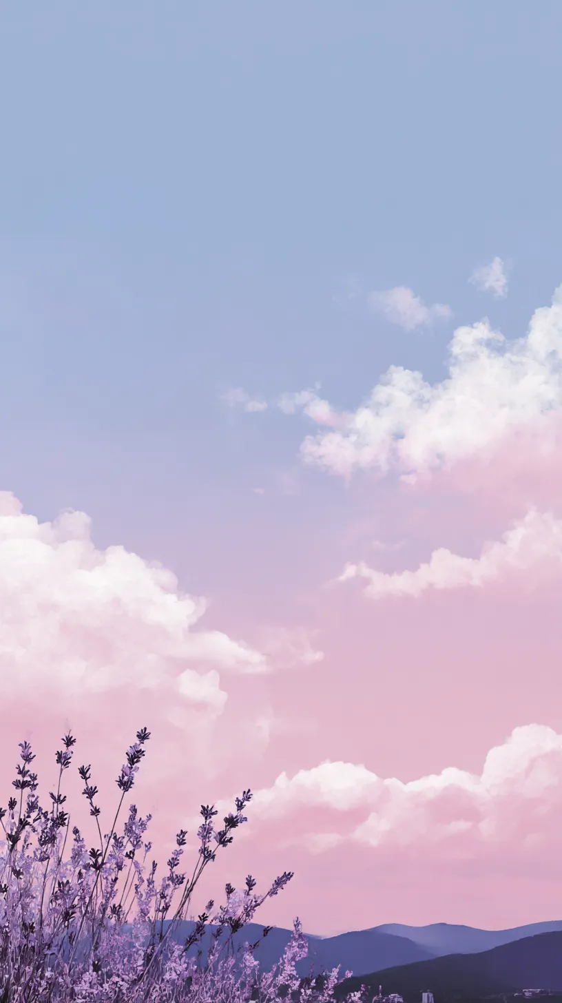 シンプル韓国壁紙 桜空の夕景｜淡い紫と桃色に染まる空に白い雲が漂い、下には花の枝が重なる。シンプル韓国壁紙の特徴である淡色グラデと自然の美しさが調和した構図。