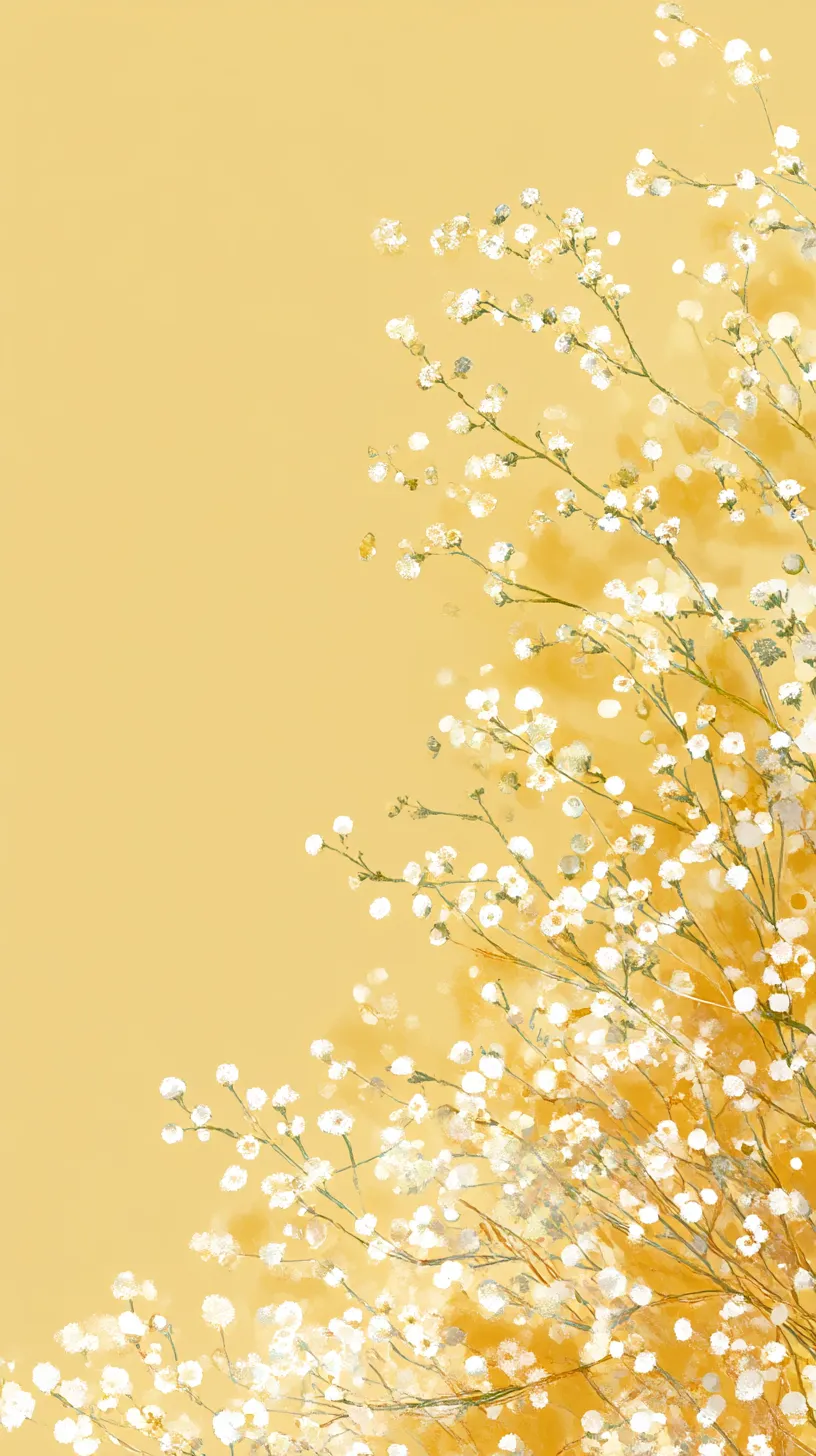 かわいいシンプル壁紙 花咲く片隅｜黄色がかった背景に小さな白花が広がり、柔らかな光が差し込む。かわいいシンプル壁紙として、自然の可憐な美しさを感じられる。