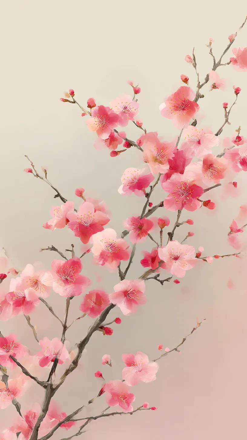 エモい韓国壁紙 桜の調べ｜淡い背景に浮かぶ桜の枝が春の息吹を繊細に描き出し、やわらかな花びらが画面全体に漂うように広がるエモい韓国壁紙。柔らかな光と色彩が静謐な余韻を残す。