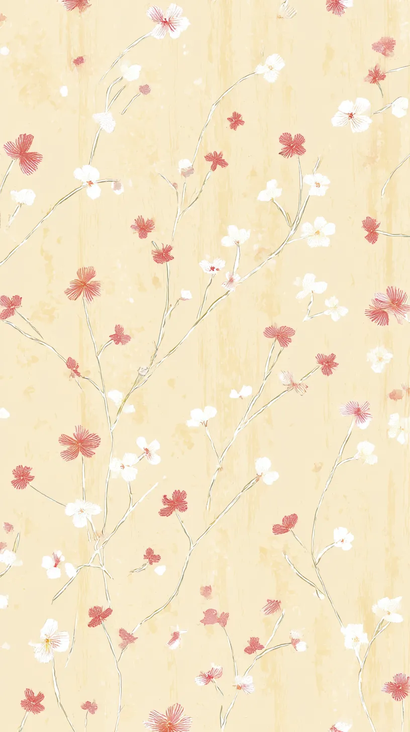 かわいいシンプル壁紙 赤白の小花模様｜生成りの背景に赤と白の小花が点在し、素朴な愛らしさを表現する。かわいいシンプル壁紙として、淡いレトロ感が魅力的に映る。