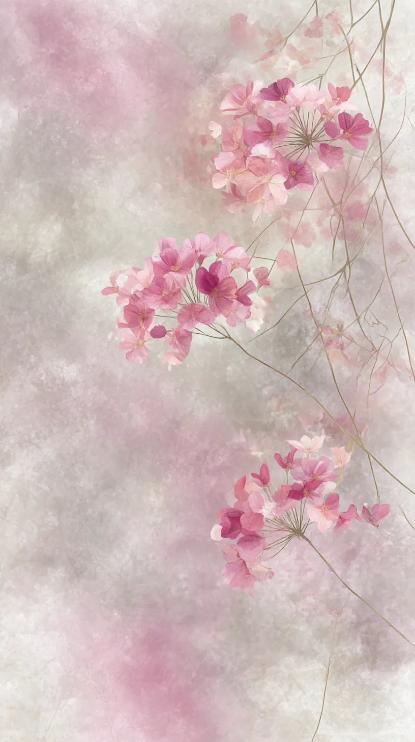 エモい韓国壁紙 花影に揺れて｜透明感のあるピンクの花々が霞むような背景に重なり、静かな夢の中に誘うかのような表現が特徴的なエモい韓国壁紙。繊細な花弁が幻想性を強めている。