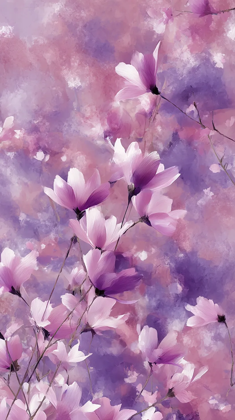 紫エモい韓国壁紙 花の幻想｜ピンクから紫へと溶け合う背景に花々が柔らかく浮かび上がり、幻想的な情景を描き出す。紫エモい韓国壁紙として、絵画的な質感が魅力を際立たせている。