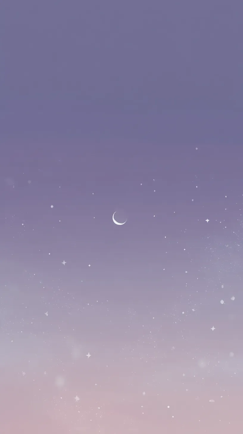 紫エモい韓国壁紙 月と星空｜紫から淡いピンクに移ろう夜空に三日月と星が輝き、静謐な美しさを添える。紫エモい韓国壁紙として、透明感ある空間表現がエモーショナルに響く。