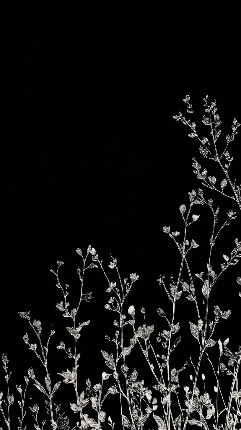 黒い韓国壁紙 白花の線描｜漆黒の背景に白で描かれた繊細な植物が浮かび上がり、静謐でモノトーンの美を示す。黒い韓国壁紙として、闇に際立つ線の柔らかさが印象的に響く。