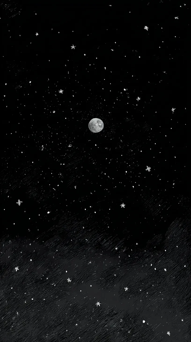 黒い韓国壁紙 月と星空｜黒い空に浮かぶ月と散りばめられた星が、夜の深さと静けさを象徴する。黒い韓国壁紙として、鉛筆のような質感が幻想的な夜景を独特に表現している。