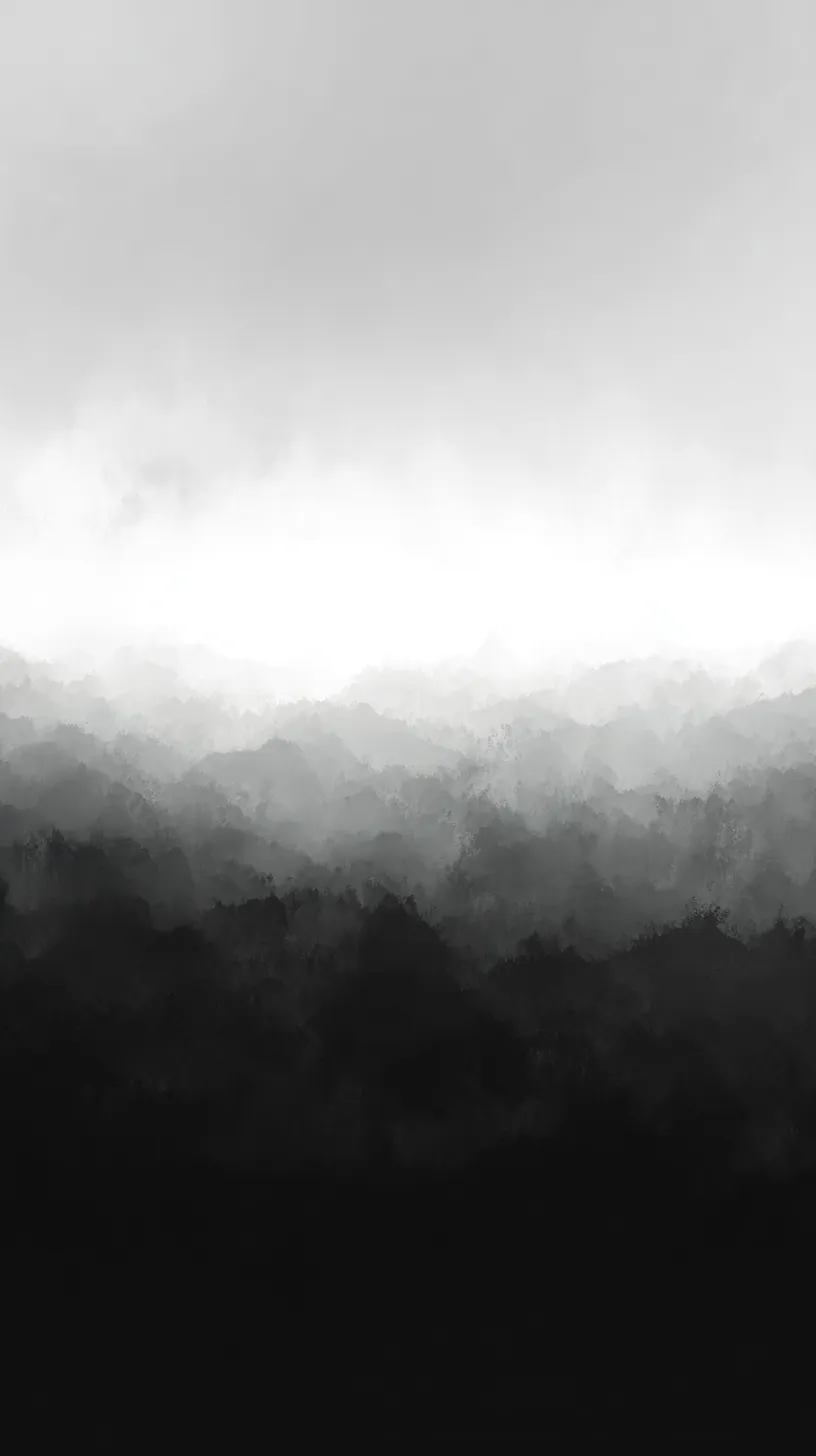 黒い韓国壁紙 水墨の山影｜黒から灰への濃淡で描かれた山並みが、霞むように奥行きを示す。黒い韓国壁紙として、水墨画のようなタッチが静寂で幻想的な世界を広げている。