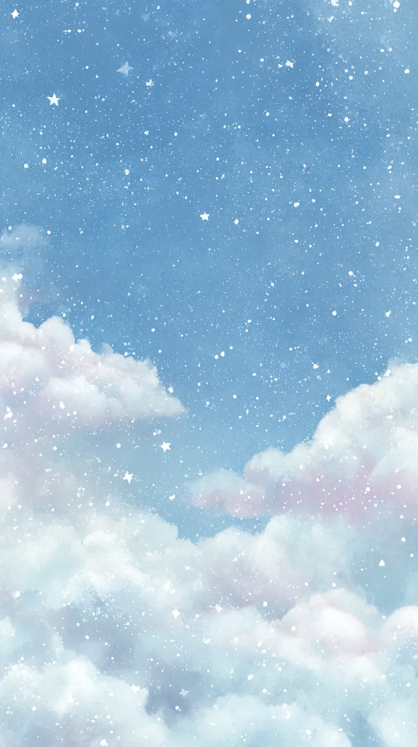 白い韓国壁紙 星空と雲海｜青空に広がる白い雲と煌めく星々が幻想的に重なり、透明感ある広がりを描く。白い韓国壁紙として、柔らかな光と雲の質感が夢のような情景を強調している。