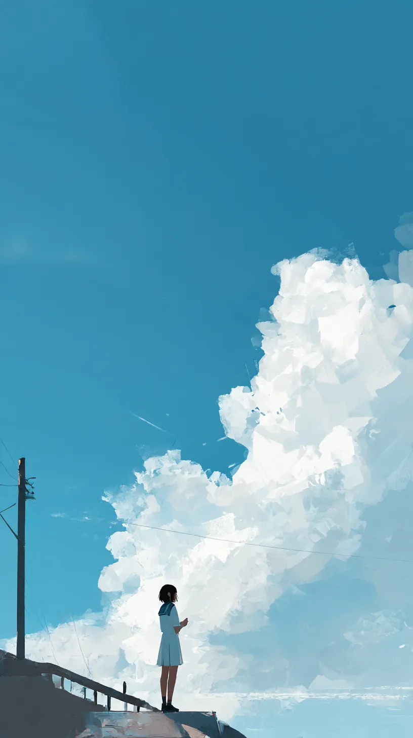 かわいいシンプル壁紙 夏空と少女｜青空の下、制服姿の少女が立つ姿が描かれ、広がる雲と共に爽やかさを演出。かわいいシンプル壁紙として、ノスタルジックな雰囲気を感じさせる。