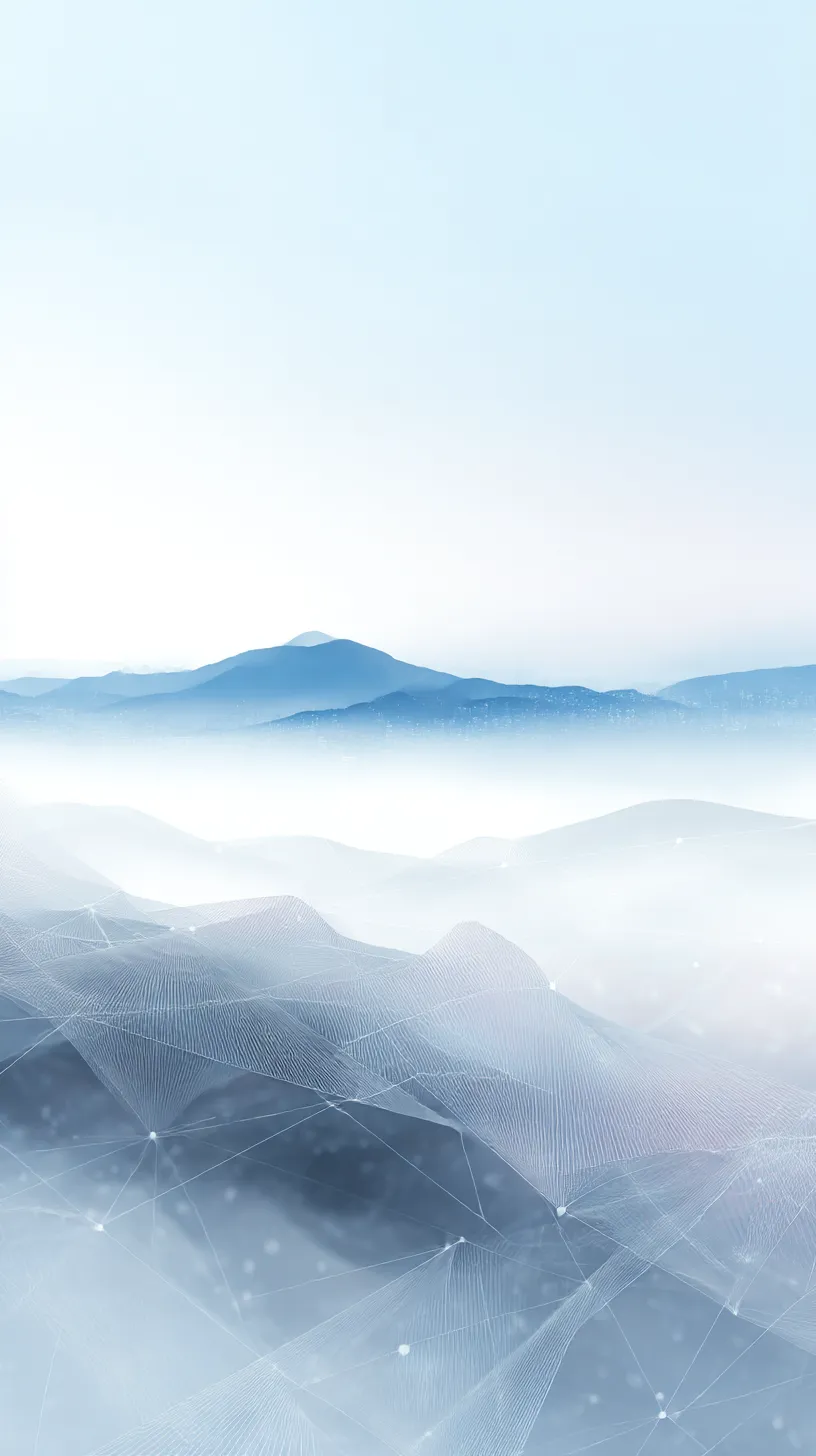 白い韓国壁紙 山の幻想｜白から青への淡いグラデーションに山並みが重なり、幻想的な奥行きを描く。白い韓国壁紙として、霧に包まれた透明感が広がりを豊かに演出している。