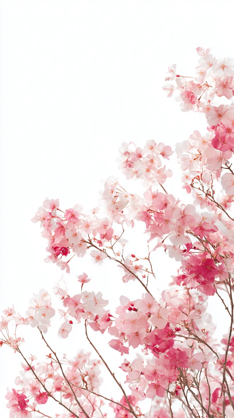 白い韓国壁紙 桜のひかり｜純白の背景に鮮やかな桜が舞い、春の息吹を感じさせる。白い韓国壁紙として、柔らかな陰影と華やかさの対比が清らかな印象を深めている。
