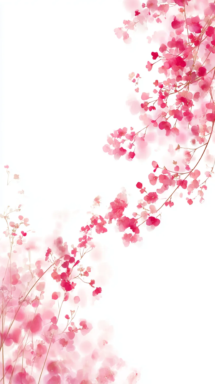 白い韓国壁紙 花霞の余白｜白地に浮かぶ紅色の花々が霞のように広がり、柔らかな雰囲気を醸し出す。白い韓国壁紙として、透ける花弁の軽やかさが余白の美を一層際立たせている。