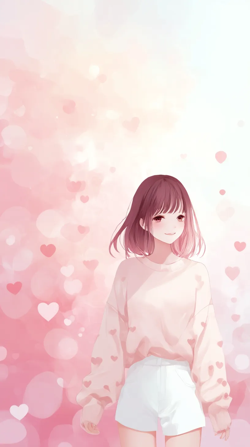 かわいいシンプル壁紙 ピンクの微笑み｜ピンクの背景に少女が微笑む姿が描かれ、ハート模様が舞う。かわいいシンプル壁紙として、優しさと愛らしさが溶け込む。