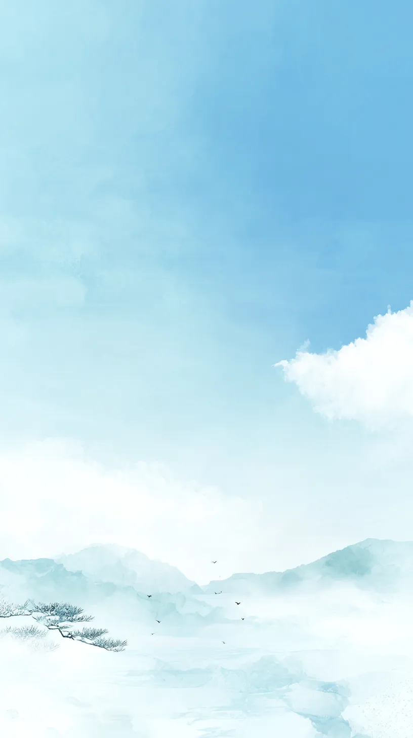 青嵐の景 水色韓国壁紙｜淡い筆致で山と雲が描かれた水色韓国壁紙。鳥が舞う小さな点景が静かな動きを添え、自然と調和する水彩の柔らかさが心に残る。清らかな風景の中に安らぎが漂う構図。