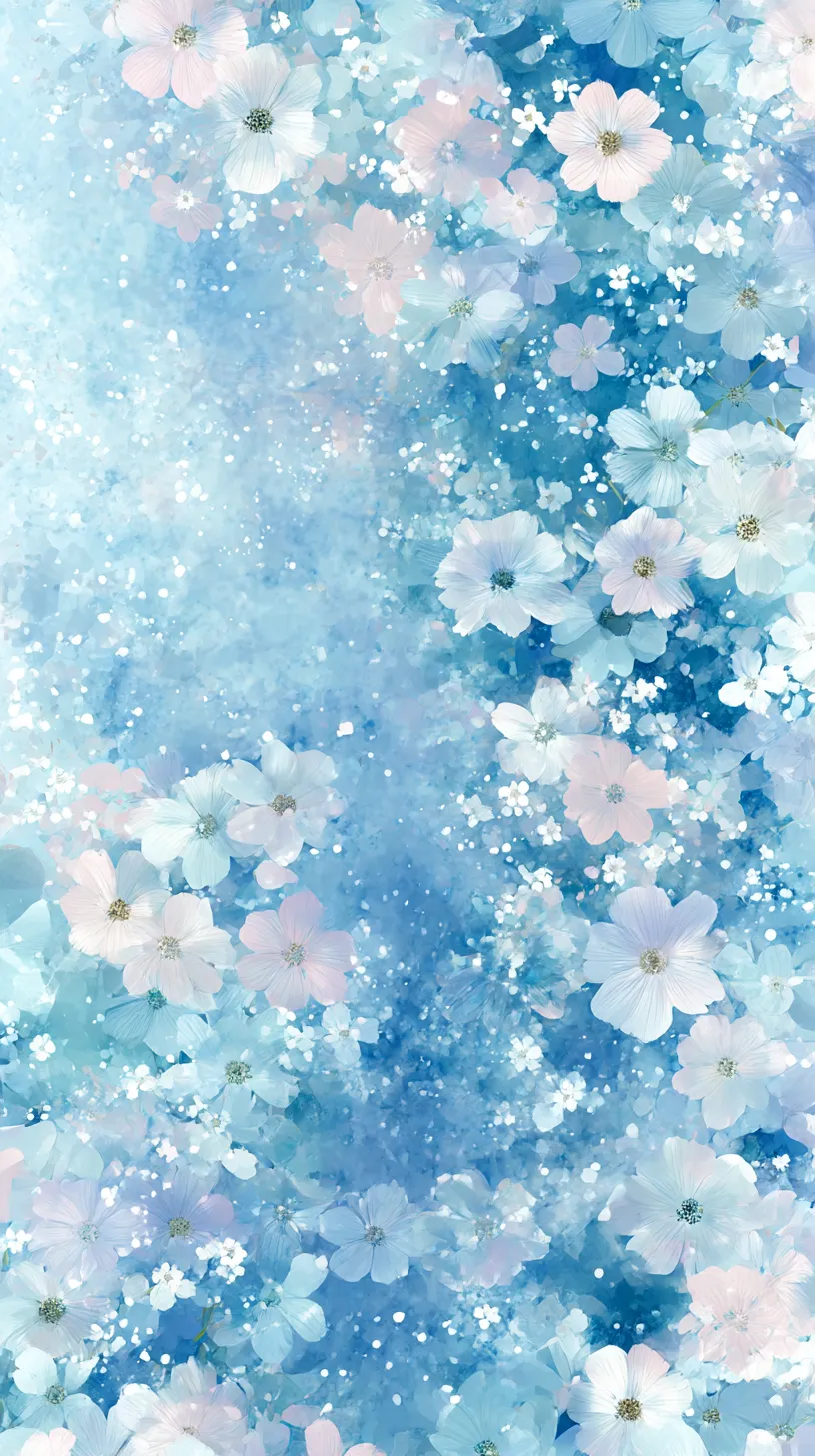 青花の舞 水色韓国壁紙｜青を基調とした花々が画面いっぱいに咲き誇る水色韓国壁紙。淡いピンクや白の花がアクセントとなり、水彩の柔らかなにじみが全体を調和させる。華やかで透明感のある仕上がり。