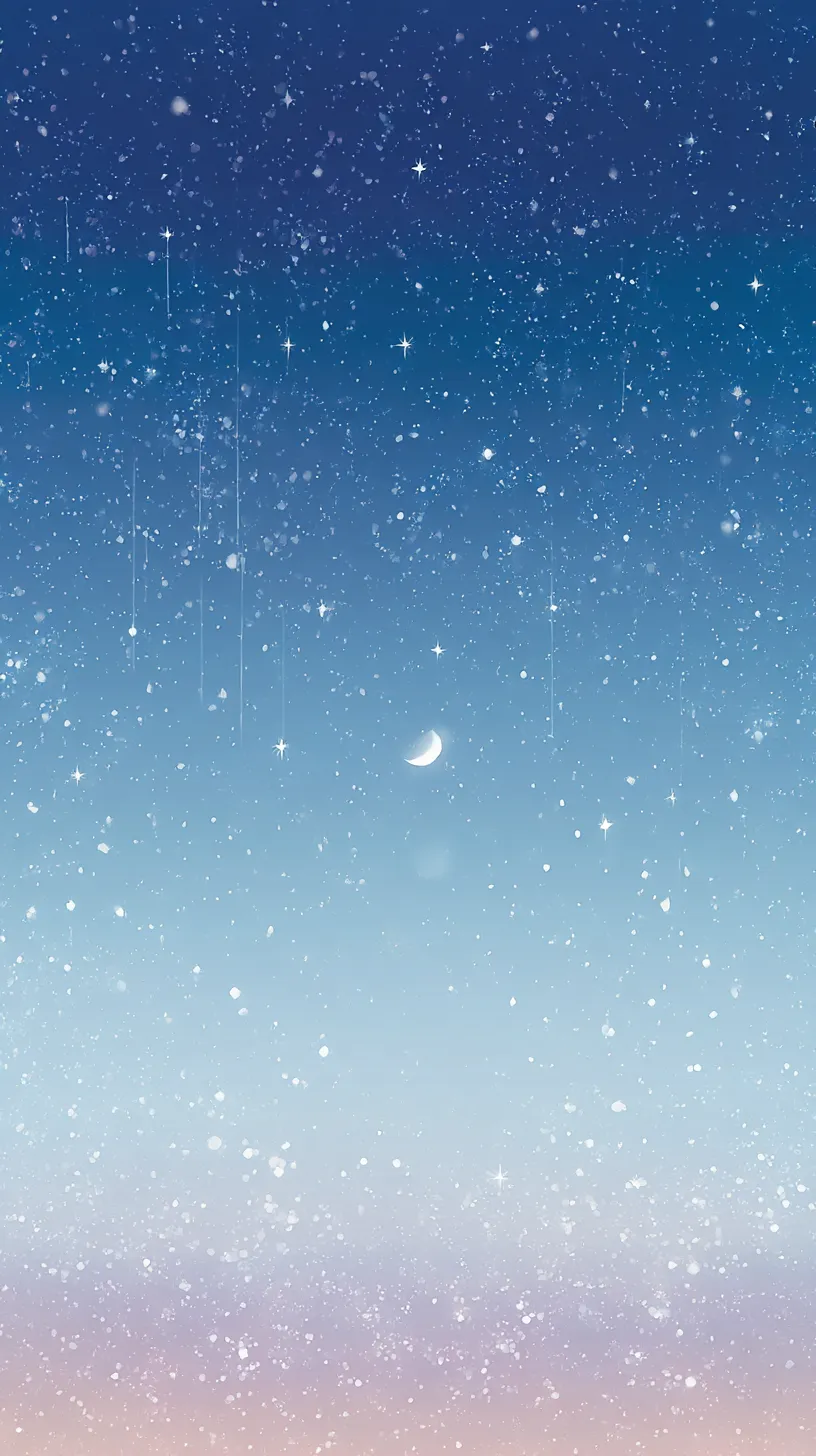 青い韓国壁紙 月と雪の空｜薄明に浮かぶ三日月と舞い散る雪の粒子が幻想的な空間を描く。星屑のような光の粒が空全体を包み、夢見るような冬の透明感を醸し出している。