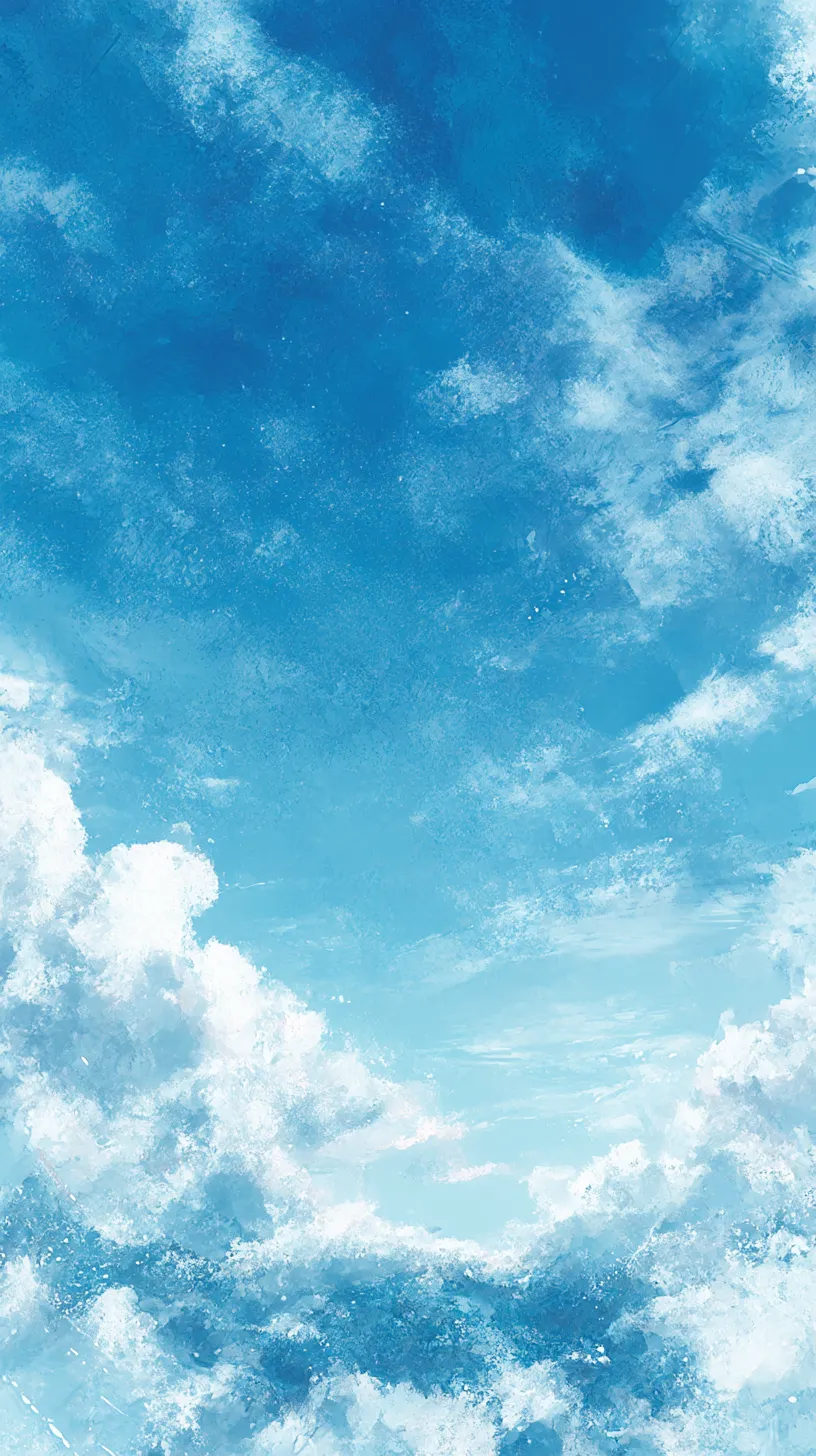 青い韓国壁紙 空に溶ける雲｜柔らかなタッチで描かれた雲が鮮やかな青の空に溶け込むように広がる。筆致の質感が浮遊感を強め、空間の奥行きを静かに感じさせる。