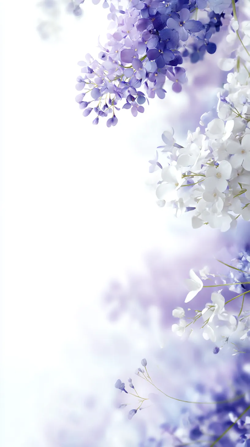 紫韓国壁紙 紫陽花の柔光｜淡い光を背景に紫と白の紫陽花が浮かび上がるように描かれ、やわらかなグラデーションが印象的。花の重なりが奥行きを生み、透明感あふれる世界観を作り出している。