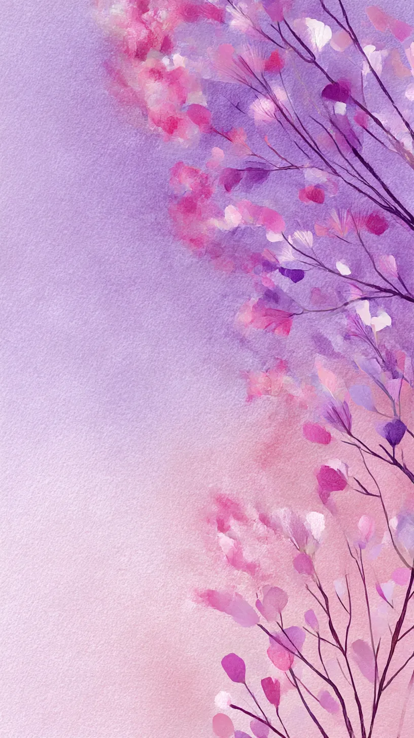 紫韓国壁紙 水彩の花影｜紫から桃色に移ろう背景に水彩風の花が描かれ、柔らかな滲みが空間に広がる。枝先の軽やかな動きが、やさしく揺れる春の空気感を演出している。