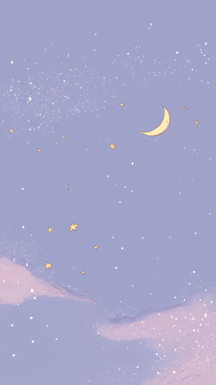 紫韓国壁紙 星降る夜空｜紫がかった空に三日月と星々が散りばめられ、可愛らしい幻想的な世界を描く。星のかたちや雲の柔らかな描写が、夢の中のような優しい夜空を表現している。