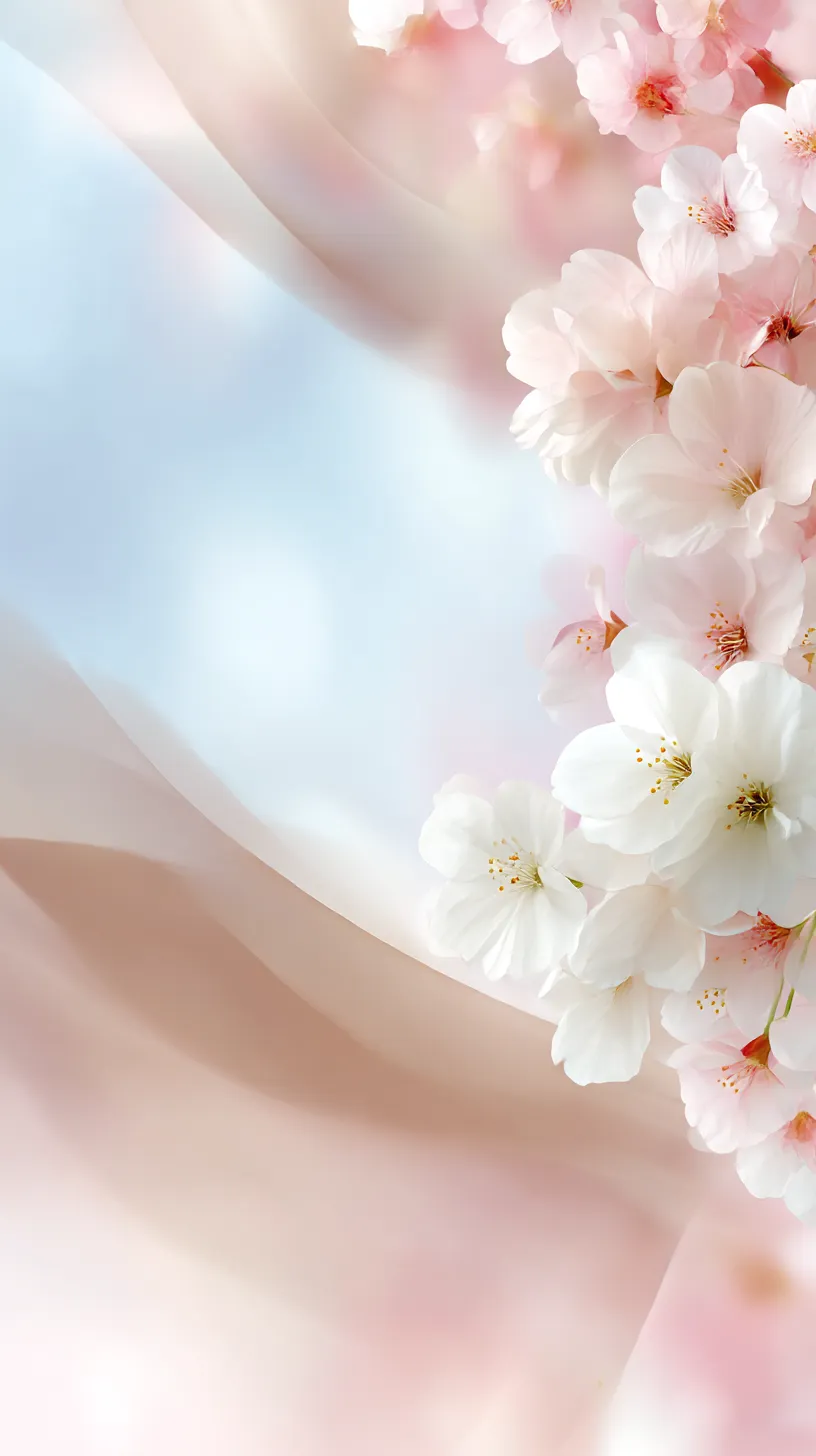 茶色韓国壁紙 桜の光彩｜柔らかな青空と淡いベージュの背景に咲く桜が、春のきらめきを思わせる。花びらの重なりと透過する光が優雅な調和を描き出している。