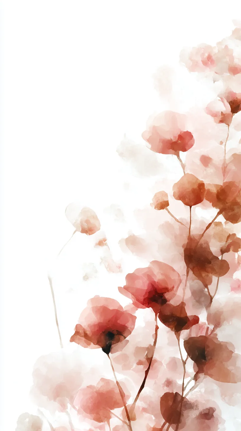 茶色韓国壁紙 水彩の花影｜水彩のにじみで描かれた赤みの花が白背景に揺れ、柔らかい茶色がアクセントとなる。淡いタッチが儚げで、優しい空気感を包み込んでいる。
