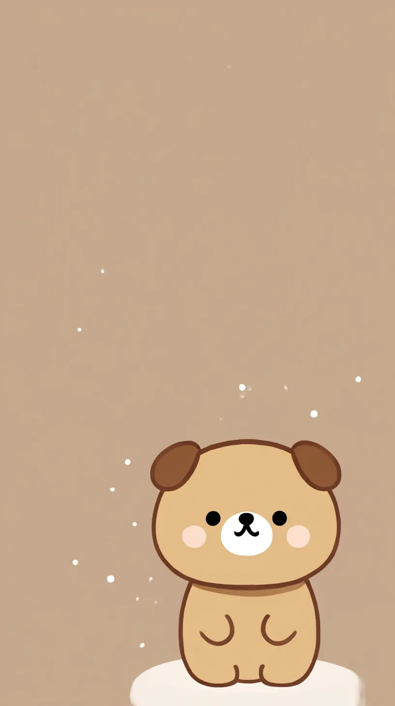 韓国犬壁紙 デフォルメ犬の微笑み｜シンプルな線と柔らかい色合いで描かれたキャラクター風の韓国犬壁紙は、丸い顔と頬の赤みが親しみやすさを感じさせます。背景に散りばめられた点の効果が軽やかさを加え、シンプルながらも温かい表現が特徴です。