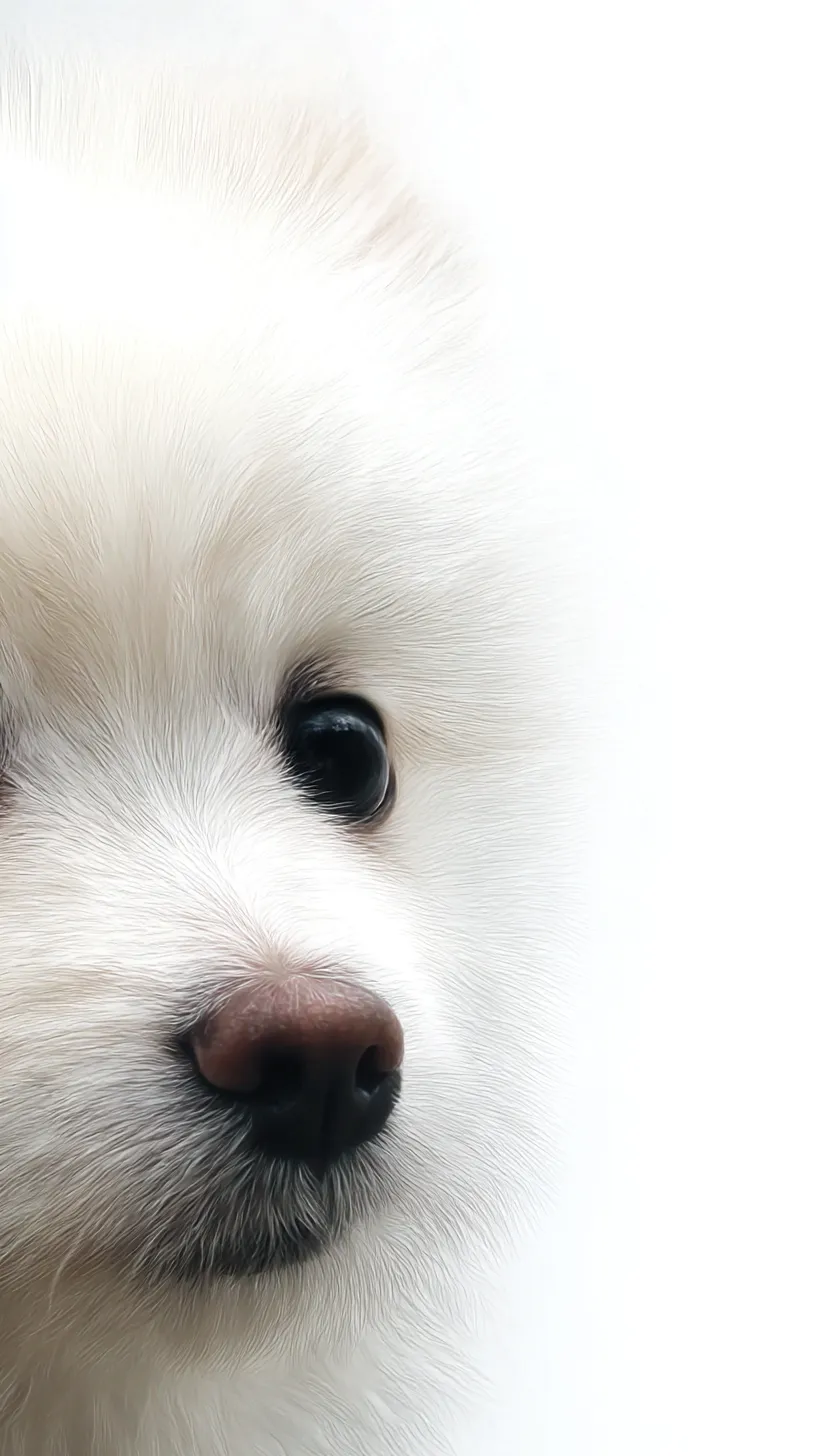 韓国犬壁紙 白い毛並みのアップ｜画面を大きく占める子犬の顔が描かれた韓国犬壁紙は、白く繊細な毛並みの質感が細やかに表現されています。瞳の黒と鼻の濃色が全体の中で際立ち、余白を活かした構図がシンプルながら強い印象を与えています。