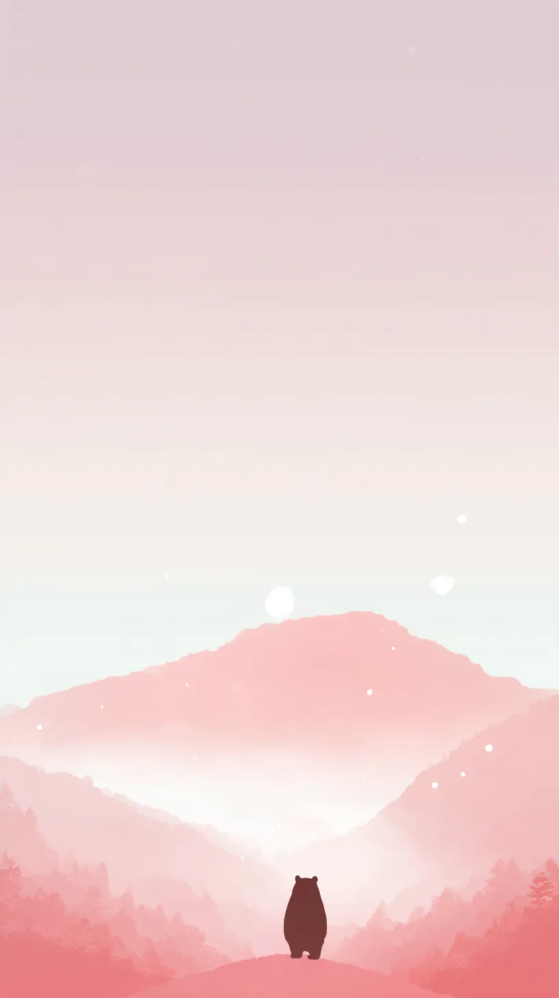 韓国くま壁紙 桜色の山景色｜柔らかな桜色の山並みに小さなくまが佇む姿が印象的な韓国くま壁紙。シルエットの配置と淡い色調が幻想的な静けさを描き出している。