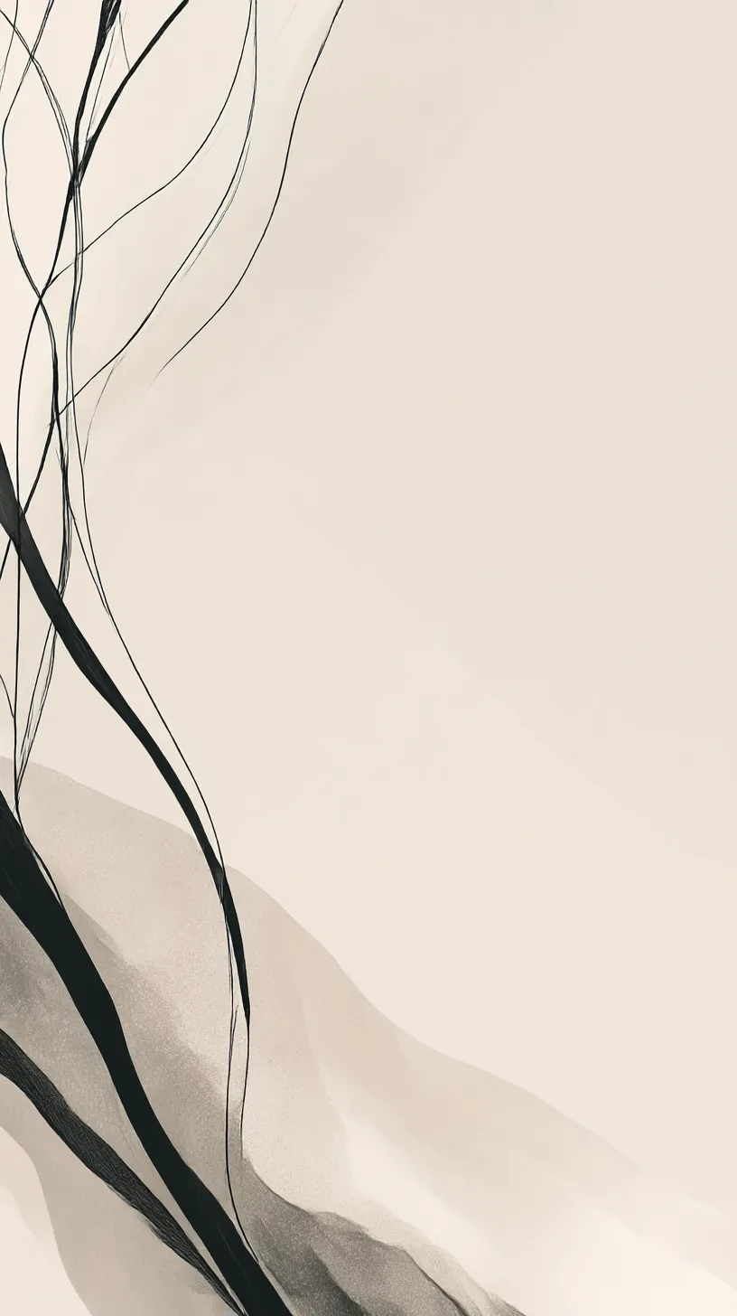 韓国黒リボン壁紙 流れる曲線｜ベージュ背景に描かれた黒い曲線が流れを生み出す韓国黒リボン壁紙。簡素な構図の中に動きと奥行きを感じさせる仕上がりとなっている。