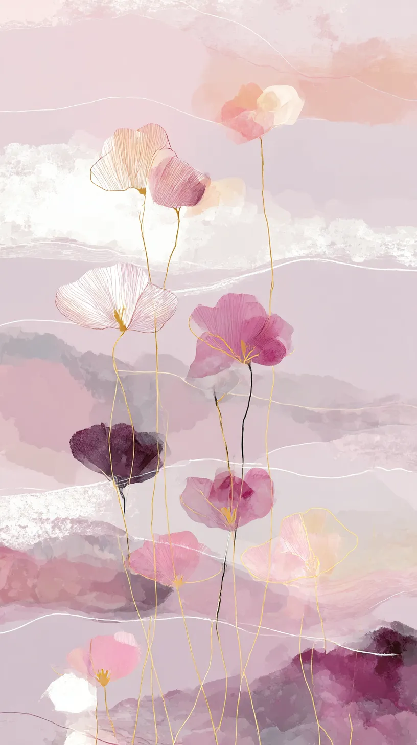 韓国花壁紙 淡色の花々｜淡いピンクと紫の花が透けるように描かれた韓国花壁紙。細い茎の線と水彩のような背景が、軽やかで儚い印象を漂わせている。