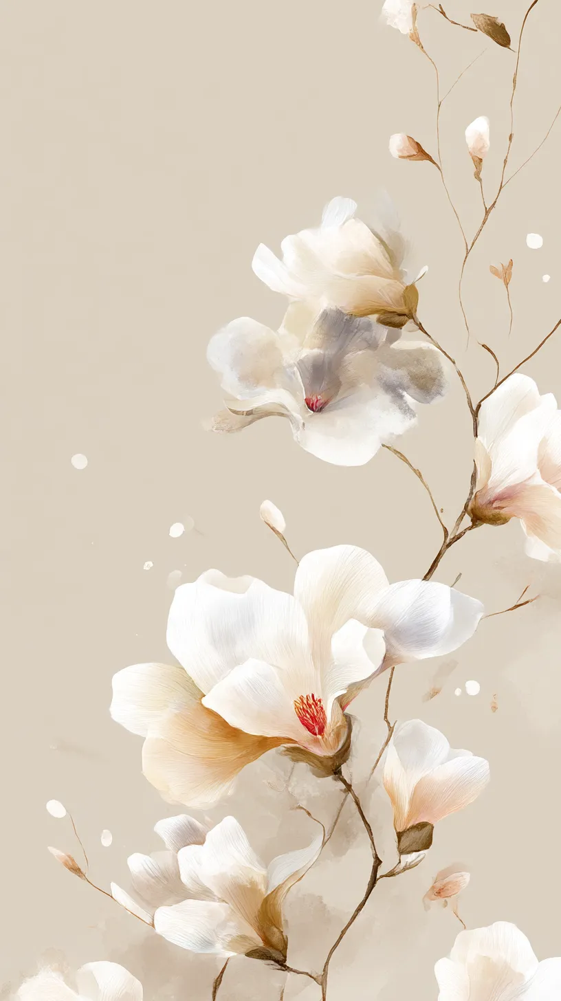韓国花壁紙 白い大輪｜大きく咲き誇る白い花が立体的に描かれた韓国花壁紙。花弁の繊細な陰影と淡いベージュの背景が、上品で気品ある雰囲気を生み出す。