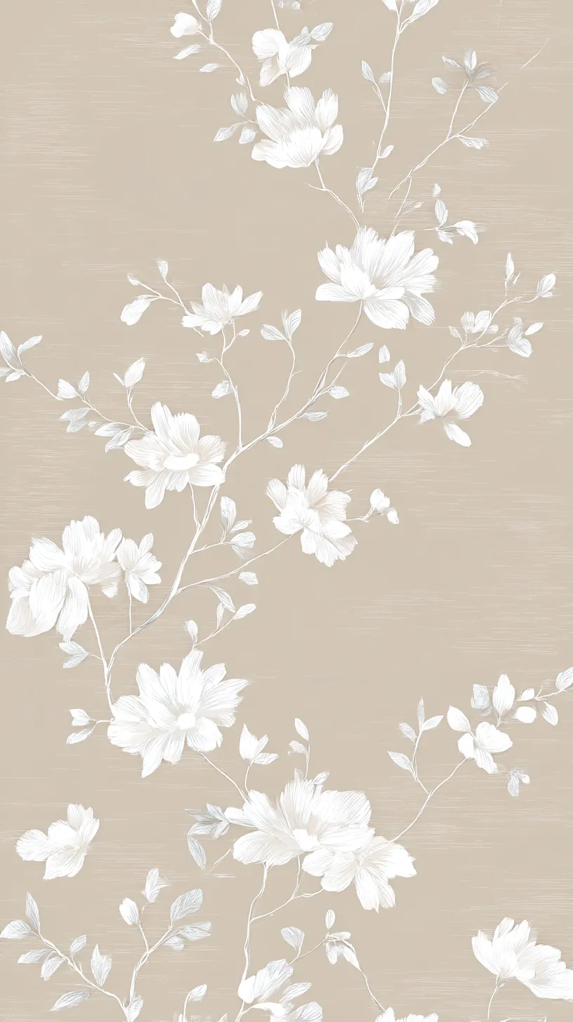 韓国花壁紙 白描の枝花｜白く線描された花々が枝を伸ばす韓国花壁紙。余白を活かした構図とベージュ地の組み合わせが、静かな装飾性を際立たせている。