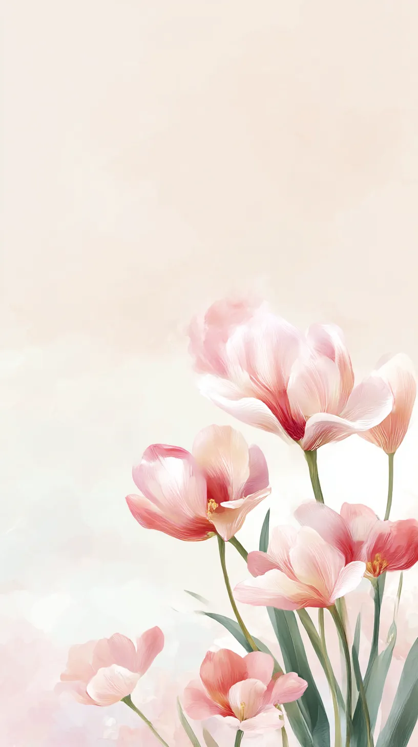 韓国チューリップ壁紙 柔光の花々｜淡いベージュを背景に、光を透かすような花弁を持つチューリップが並ぶ韓国チューリップ壁紙。花の中心から外へ広がる色のグラデーションが柔らかく、穏やかな温もりを感じさせる。