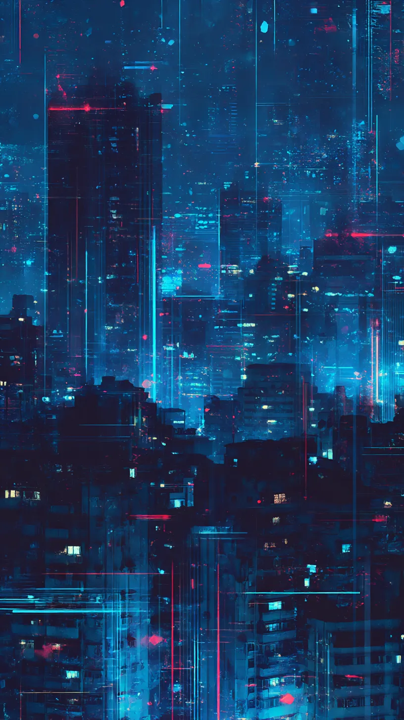 Y2K黒壁紙 ネオン都市幻想｜青を基調とした街並みが黒の背景に浮かび、無数の光点が都市の夜景を彩る構図。縦横に走る光のラインが強調され、Y2K特有のネオン未来都市の幻想的な雰囲気を描き出しています。