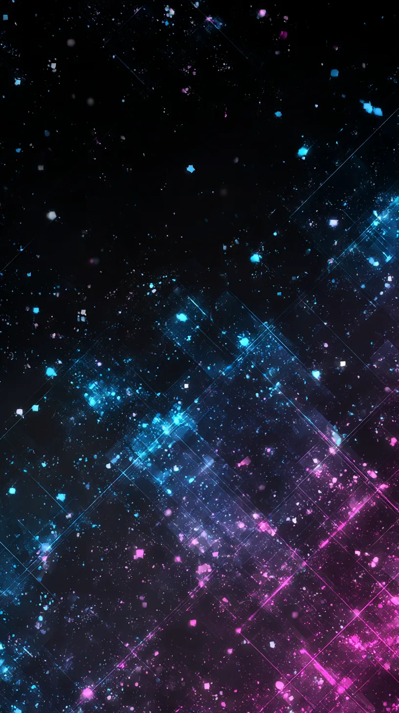 Y2K黒壁紙 宇宙の粒子群｜漆黒の中にブルーとピンクの光が無数の粒子として散りばめられ、宇宙的な奥行きを感じさせる構成。斜めに走る光の帯が未来的で、Y2Kサイバービジョンを思わせる幻想的な表現です。