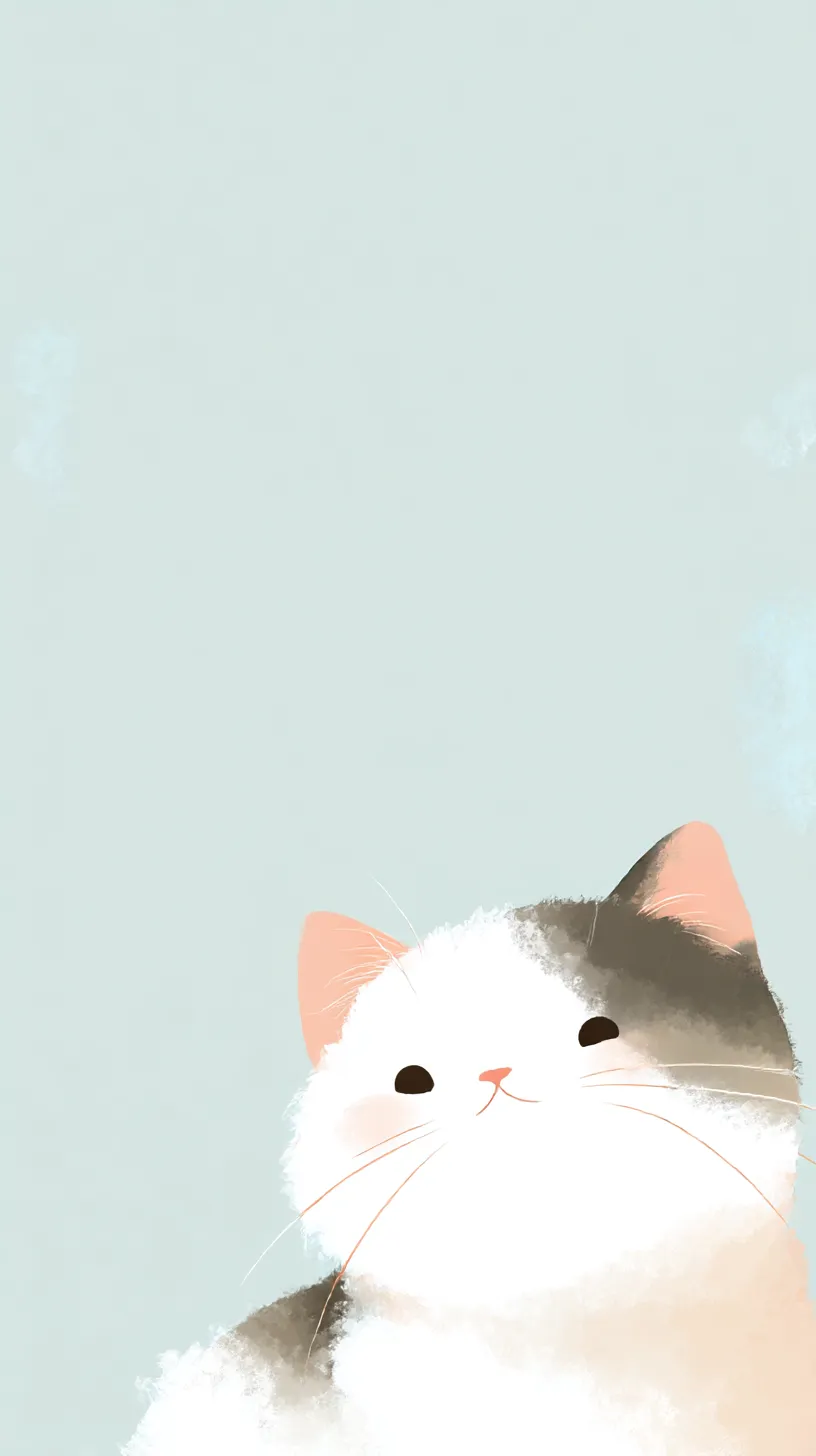 面白いシンプル壁紙 見上げる猫｜淡い水色の背景にふんわりと描かれた猫が画面下から顔を覗かせる構図。柔らかな毛並みと丸い目の対比が、ユーモラスでシンプルな雰囲気を引き立てている。