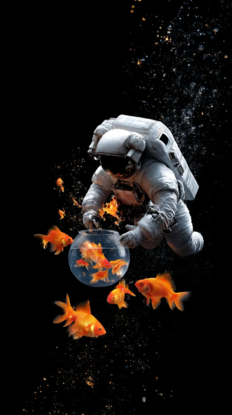 面白いシュール壁紙 宇宙と金魚の戯れ｜漆黒の宇宙空間に浮かぶ宇宙飛行士が金魚鉢を抱え、光を散らす金魚たちが泳ぎ出す光景。無重力と水の飛沫が融合し、幻想的でユーモラスな世界観を際立たせている。