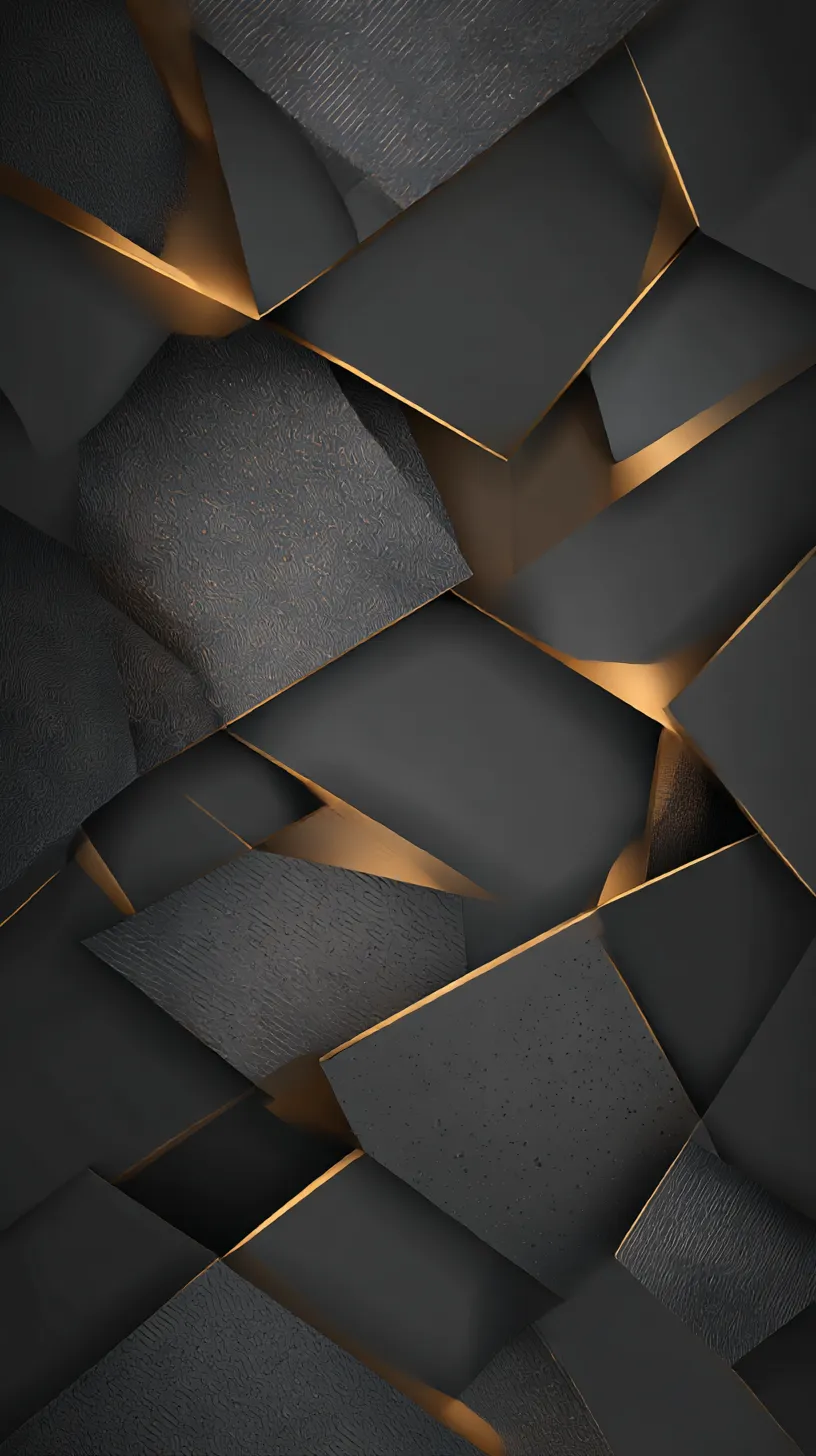 金縁交差のおしゃれかっこいい黒壁紙｜黒の面が幾何学的に組み合わさり、金の縁取りが輝きを添える構図。おしゃれかっこいい黒壁紙としてシャープさと高級感を強調し、光と影のコントラストが立体感を際立たせている。