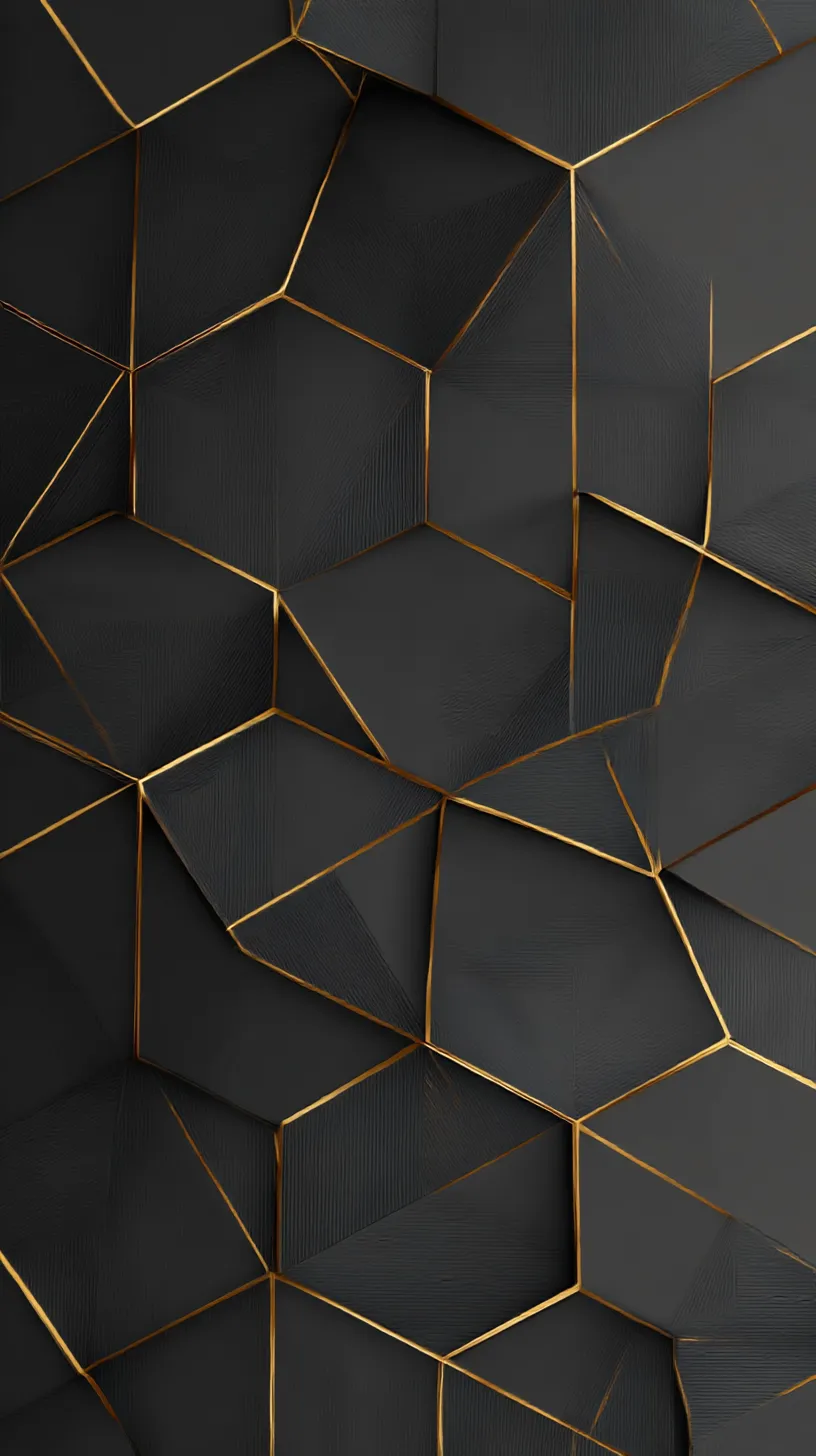 幾何線輝くおしゃれかっこいい黒壁紙｜六角形を思わせる黒の構成に金のラインが走るデザイン。おしゃれかっこいい黒壁紙として規則性と洗練が際立ち、シックな中に未来的な印象を与える。精緻な輝きが全体を引き締める。