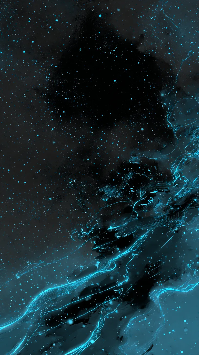 蒼光流れるおしゃれかっこいい黒壁紙｜黒の闇に青い光の粒子と流線が広がる幻想的な構成。おしゃれかっこいい黒壁紙として、冷たい輝きが宇宙的な奥行きを演出し、動的で迫力ある視覚効果を生み出している。