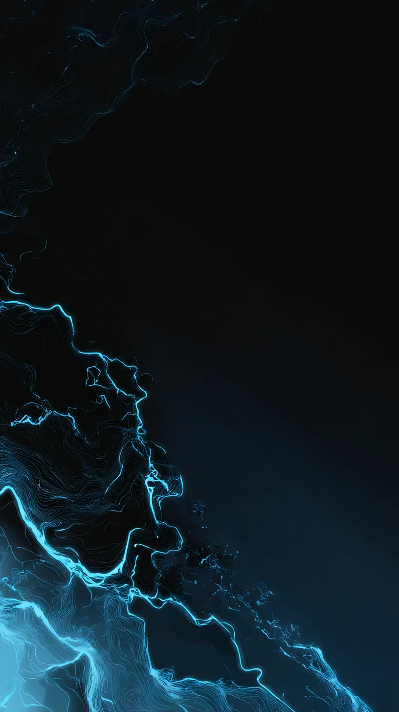 青の軌跡のおしゃれかっこいい黒壁紙｜漆黒の背景に青白い光のラインが浮かび上がる構成。おしゃれかっこいい黒壁紙として、緻密な線の流れが未来的で、静かな闇に鮮烈なアクセントを与える。シンプルながら力強い印象を放つ。