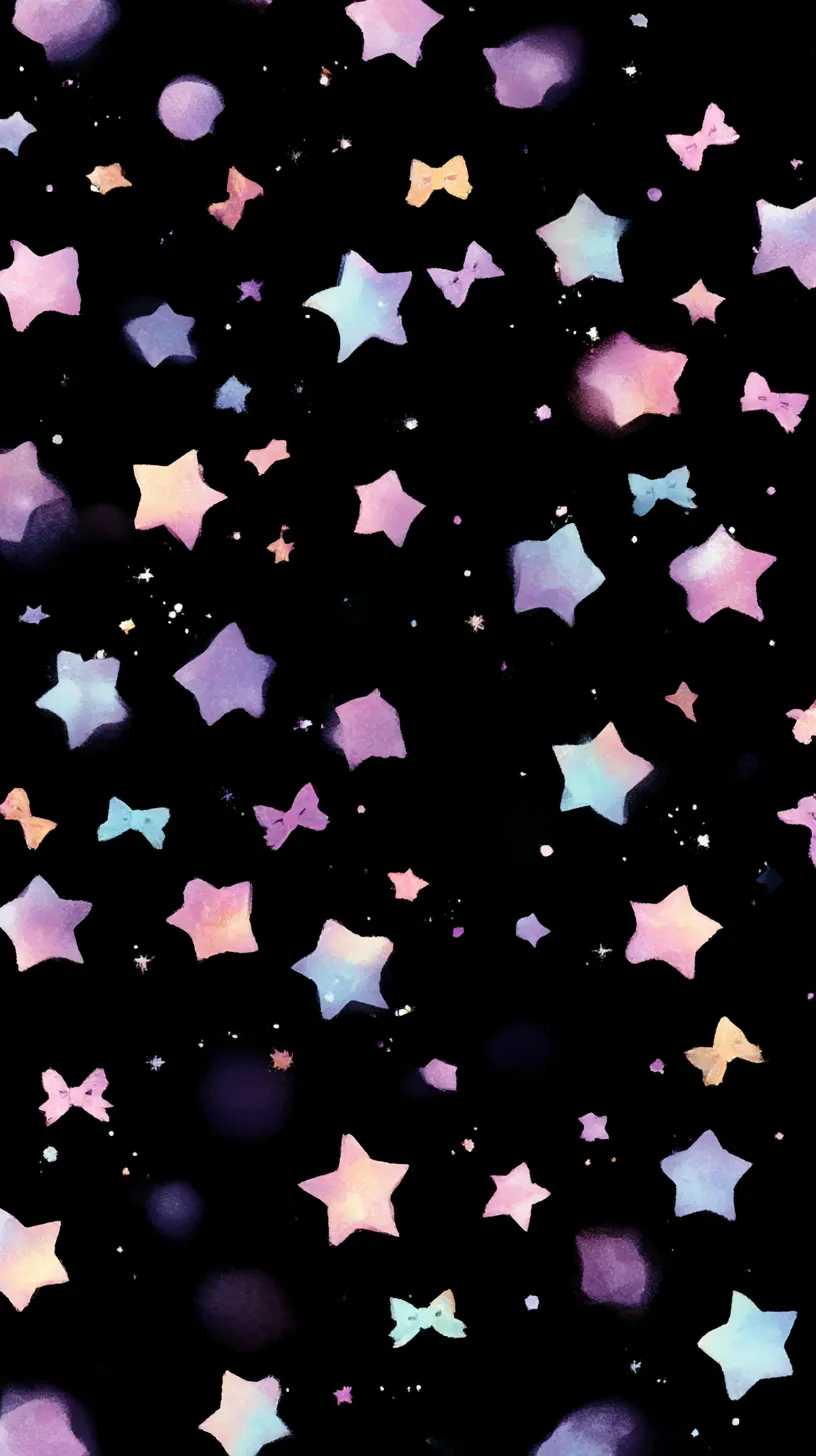 おしゃれかわいい黒壁紙 星空とリボンの散りばめ｜黒背景に淡いピンクやブルーの星と小さなリボンが散りばめられ、夜空に浮かぶ幻想的なモチーフが広がるデザイン。輝きを帯びた色彩が動きと可愛らしさを同時に演出し、シンプルさの中に上品な華やぎを添えている。