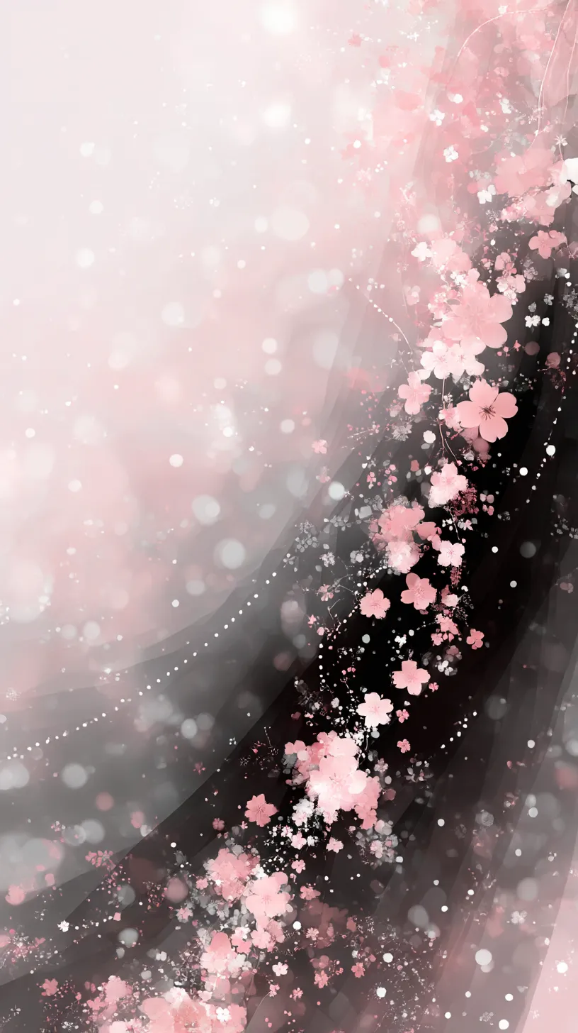 おしゃれかわいい黒壁紙 桜舞う光の流れ｜黒と淡いピンクの対比が際立つ桜の花びらが、光の粒子とともに流れるように舞う構図。幻想的なきらめきと花の繊細さが融合し、画面に奥行きを与えている。柔らかな桜色が黒の背景に映え、可憐な世界観を生み出す。