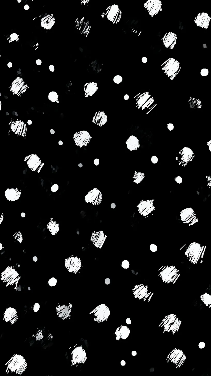おしゃれかわいい黒壁紙 手描き風ドットのリズム｜黒背景に白のドットがラフに描かれ、まるで鉛筆の走り書きのような表情が魅力的。均一でない形や濃淡が、シンプルなパターンに生き生きとした動きを与えている。ミニマルでありながらも可愛い存在感を放つ仕上がり。